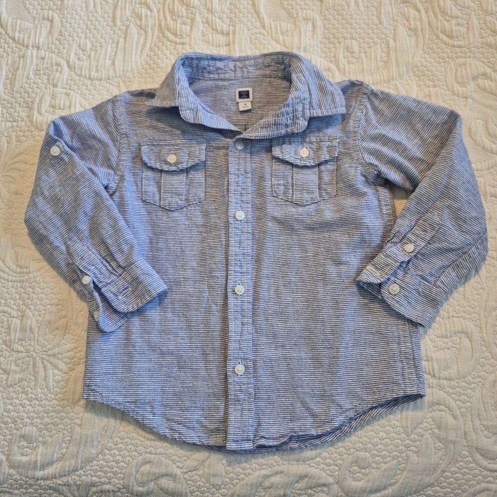 Janie and Jack boys size 3 blue and white striped button up shirt 2016 VGUC